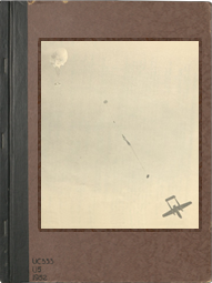 Maroon cover of publication with a top-view image of a shadow from a plane air-dropping it's cargo.
